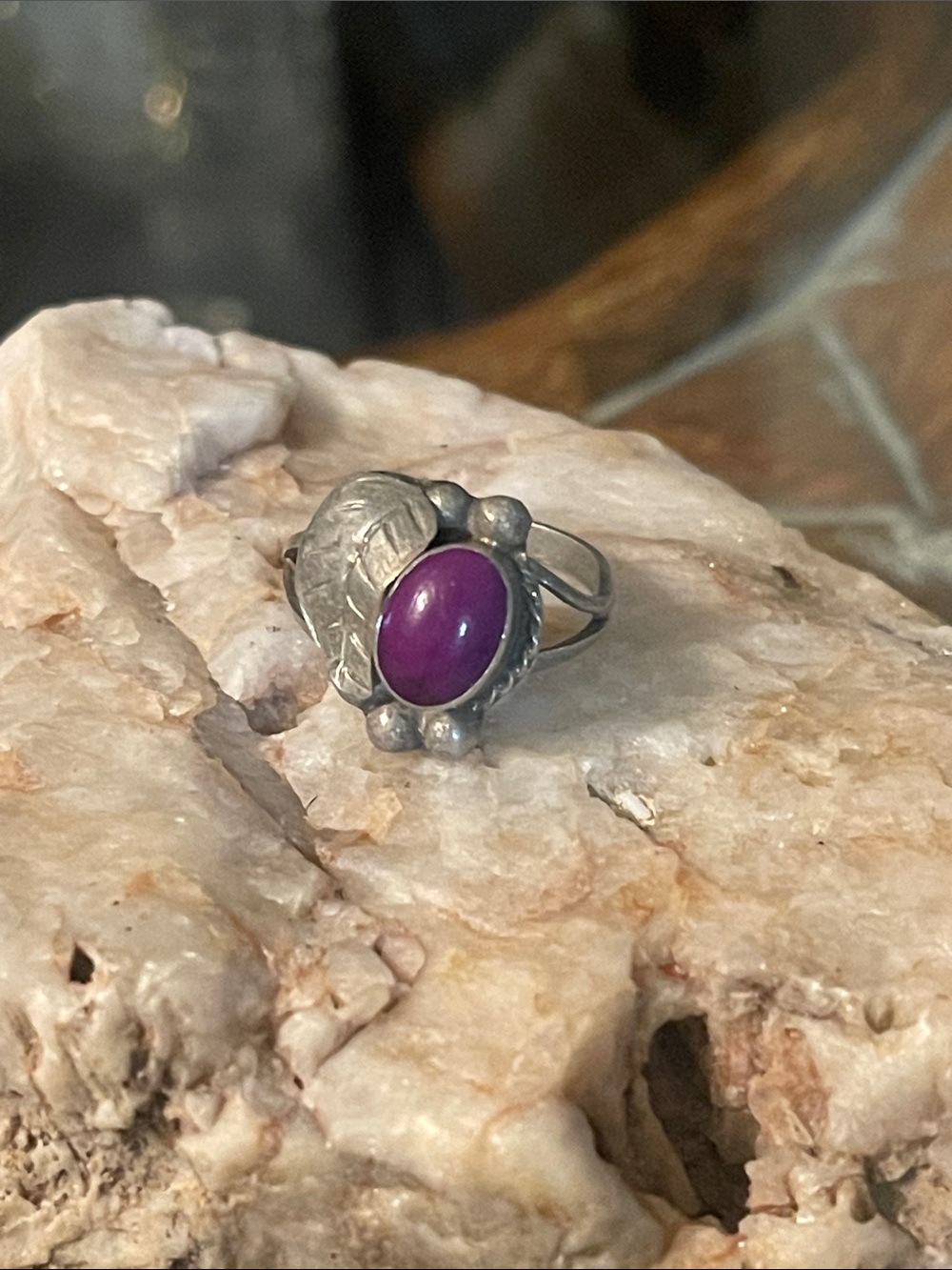 Sterling Silver Purple Stone Floral Accent Ring
